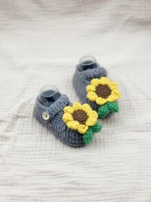 1 par de Sapatos de Andador Infantil com Padrão de Girassol Tricotados à Mão, Meias de Chão Macias Internas para Bebês