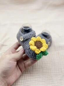 1 par de Sapatos de Andador Infantil com Padrão de Girassol Tricotados à Mão, Meias de Chão Macias Internas para Bebês