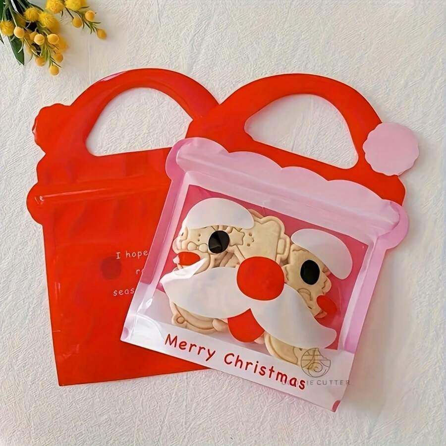 10 件圣诞派对礼品袋圣诞雪人塑料袋圣诞快乐礼品袋带手柄适用于圣诞节节日派对糖果宾客礼品包装用品装饰 - 紅色 - 查看 1
