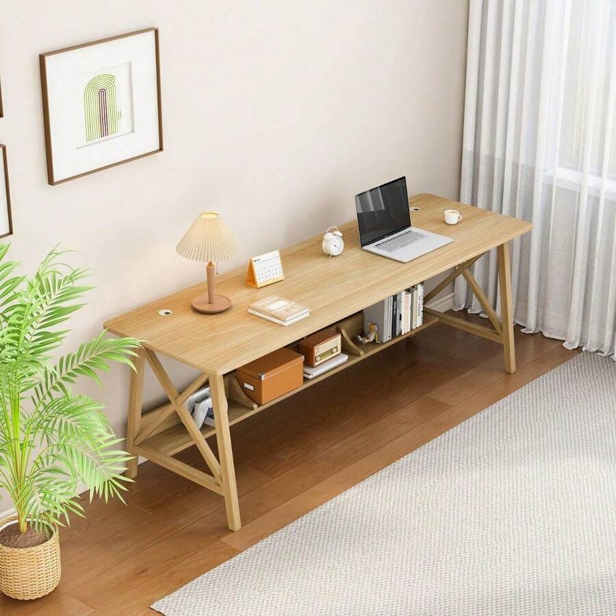 Extra Long Desk With Bookshelf Solid Wood Home Office Work Study