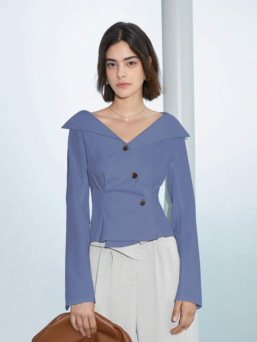 女士纯色合身纽扣式 V 领衬衫 - 水藍色 - 查看 1