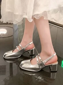 Giày cao gót Mary Jane màu bạc cho nữ có nhiều quai khóa, Giày cao gót hở mũi hở gót, Dép xỏ ngón đế xuồng đa năng màu đen - Bạc - Xem 8