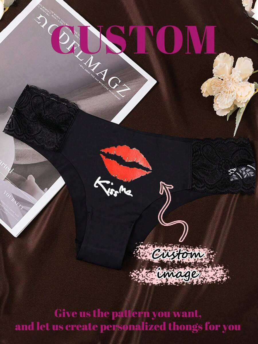 1 Set Custom Pattern, Custom Image, Women's Sexy Printed Briefs, Lace Edge Pure Want To Dry Sports Briefs, Suitable For Christmas, Festivals, Gifts - Multicolor - View 1