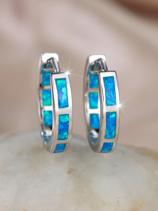 Exquisite Opal Creolen - 925 Sterling Silber, blau & weißer Katzenauge Stein, hypoallergen, nickelfrei, perfekt für Hochzeiten, Partys und lässige Kleidung