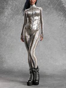 LADYINGBAY Steel Mecha Full Body Printed Jumpsuit, Yoga Fitness Suit, Halloween Costume, Christmas Party Performance Costume Halloween Costumes And Christmas Performance Outfits - Bạc - Xem 4