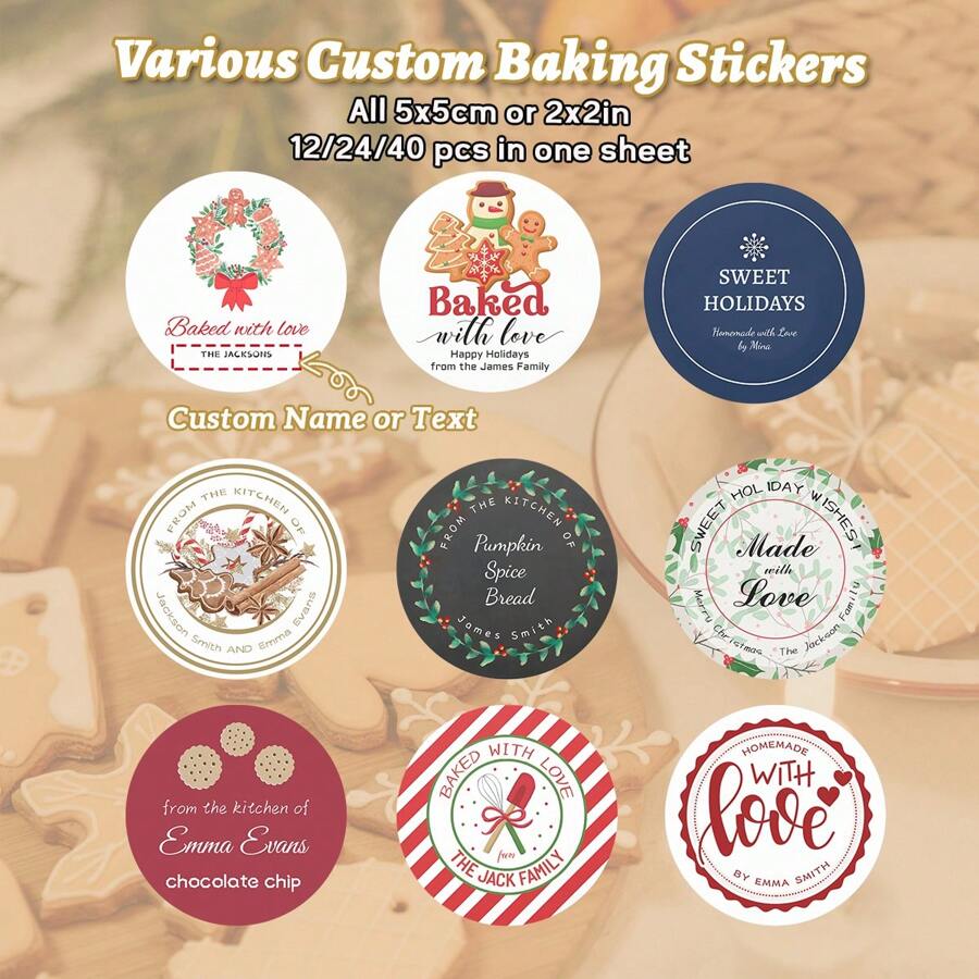 12/24/40 Miếng dán nướng tùy chỉnh khác nhau, Tròn 5x5 Cm/ 2x2 In, 9 mẫu tùy chọn bao gồm Vòng hoa, Bánh quy, Nơ, Bánh gừng, v.v., Hỗ trợ tùy chỉnh tên và văn bản như Tên cá nhân, Họ, Tên công ty, Địa chỉ, Lời chào hoặc các từ khác, Thích hợp để đóng gói quà tặng, Hộp đựng bánh quy nướng, Túi đựng bánh mì, Hộp đựng bánh quy - 665 - Xem 1