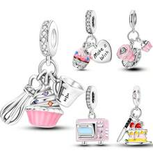 1 chiếc màu bạc mơ mộng màu hồng men Cubic Zirconia sở thích lò nướng cốc đánh trứng trà chiều bánh giả thực phẩm mặt dây chuyền quyến rũ phù hợp với vòng tay ban đầu vòng cổ hạt cho đồ trang sức tự làm phụ nữ cô gái quà tặng trang sức hàng ngày - Bạc - Xem 1