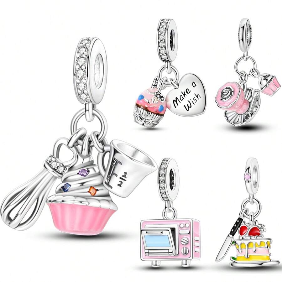 1 chiếc màu bạc mơ mộng màu hồng men Cubic Zirconia sở thích lò nướng cốc đánh trứng trà chiều bánh giả thực phẩm mặt dây chuyền quyến rũ phù hợp với vòng tay ban đầu vòng cổ hạt cho đồ trang sức tự làm phụ nữ cô gái quà tặng trang sức hàng ngày - Bạc - Xem 1