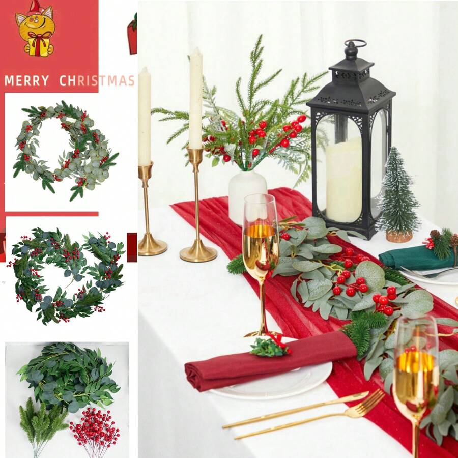1pc 200cm Eucalyptus Leaf Garland With Red Berries & Pine Branches, Ideal For Home Decor, Dining Table Centerpiece, Can Be Paired With Candles To Create Festive Atmosphere. Suitable For New Year, Fireplace, Entryway, Tabletop, DIY, Staircase, Mailbox Decoration. Natural And Easy To Maintain. - Multicolor - View 1