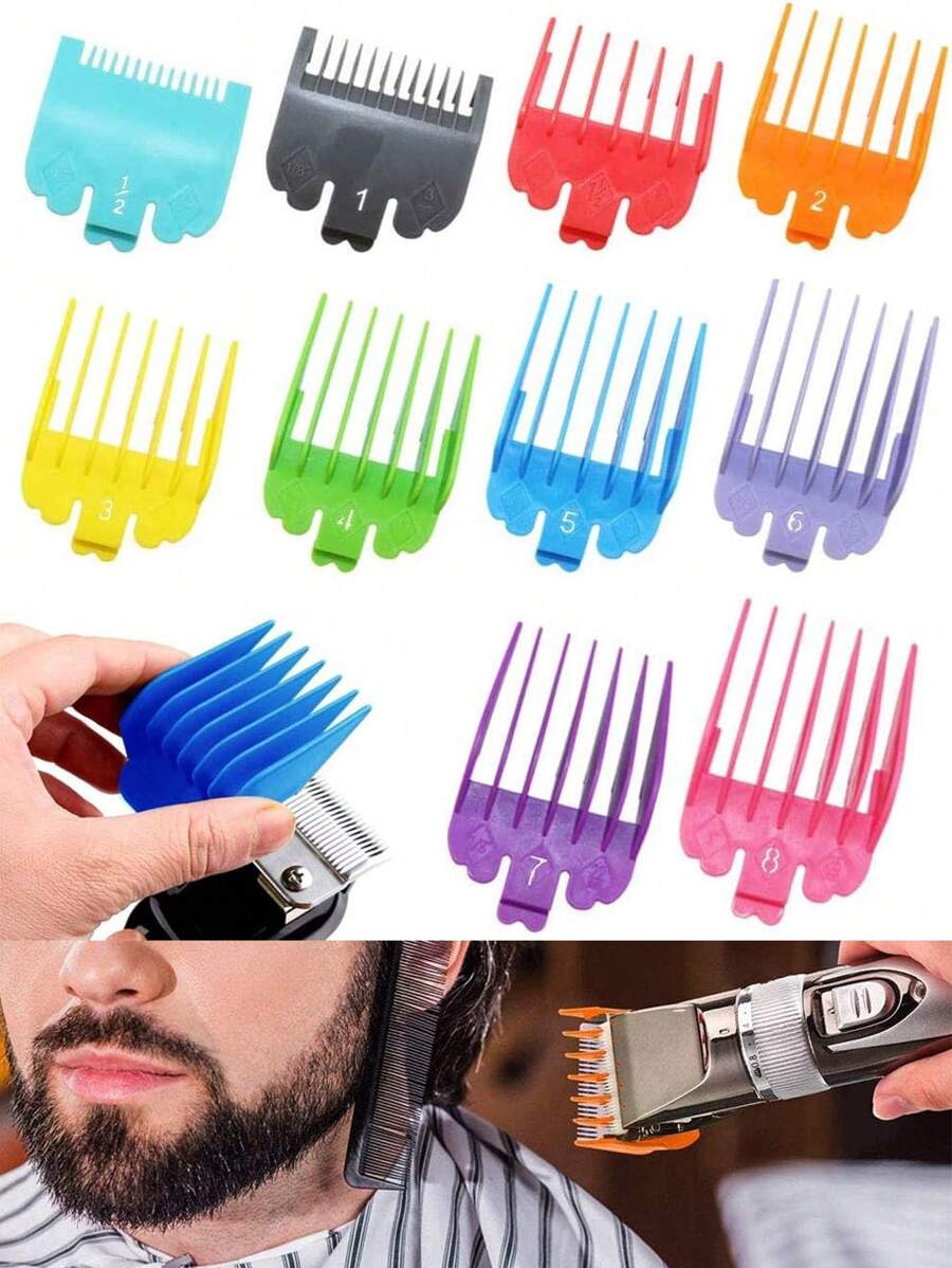 导梳套装，10 件理发限位梳，专业理发导梳，替换护罩套装，多色理发推剪塑料限位梳，适用于美发工具（10 种颜色）10 件塑料推剪护罩梳子套装，适用于电动理发推剪，1/16 英寸至 1 英寸（1.5-25 毫米），兼容 Wahl 专业理发推剪/修剪器切割导板、护罩、推剪切割导板 - 彩色 - 查看 1