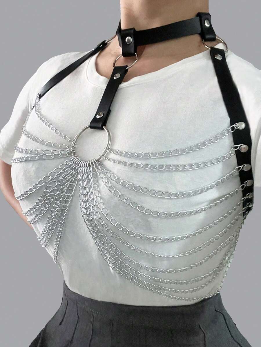 1 chiếc áo crop top dây da ngực gợi cảm cho nữ, thích hợp cho trang phục dự tiệc lễ hội âm nhạc - màu đen - Xem 1