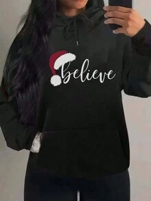 Cool Christmas Printed Loose Solid Color Sweatshirt, Autumn/Winter - Black - View 2