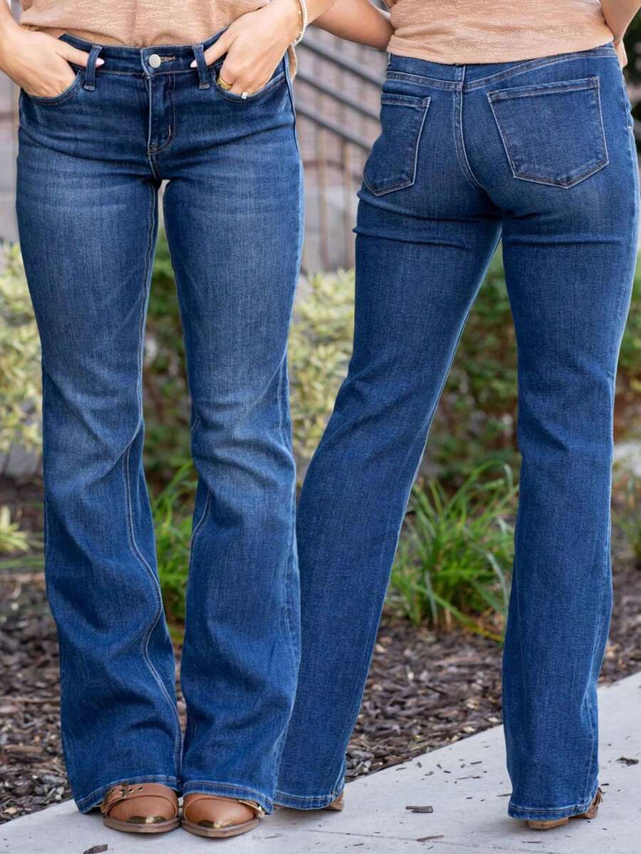 全新女式牛仔裤 时尚低腰弹力连体牛仔裤 - 深色水洗藍 - 查看 1