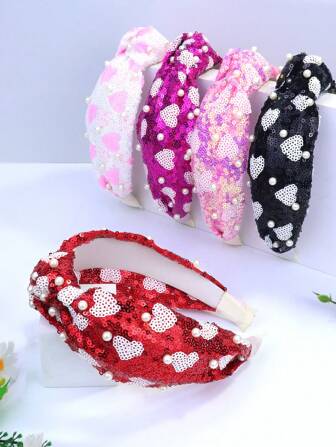 1 pieza Diadema elegante y linda con corazón de brillo y nudo de PU para fiesta de mujer