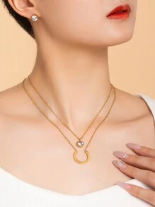3 件套不锈钢与合成锆石马蹄形吊坠项链和耳环套装，适合女性日常通勤的优雅珠宝 - 金色 - 查看 2