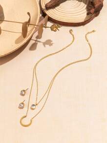 3 件套不锈钢与合成锆石马蹄形吊坠项链和耳环套装，适合女性日常通勤的优雅珠宝 - 金色 - 查看 4