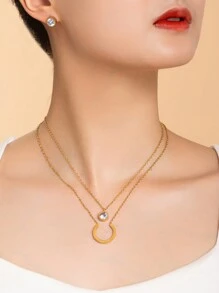 3 件套不锈钢与合成锆石马蹄形吊坠项链和耳环套装，适合女性日常通勤的优雅珠宝 - 金色 - 查看 1