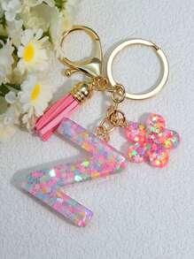 1 件粉色亮片字母钥匙扣、树脂钥匙扣吊坠、个性化背包装饰、花卉流苏礼物情人节汽车配件包魅力学院可爱哥特 Y2k