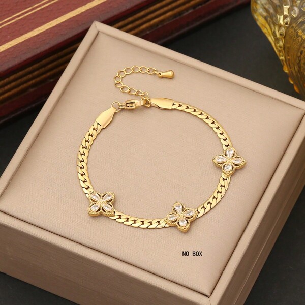 Freegrow 1pc Stainless Steel Bracelet With Cubic Zirconia Flower Decoration, Suitable For Women Daily Wear Valentines,Mom,Mother,Mother's Day,Gift