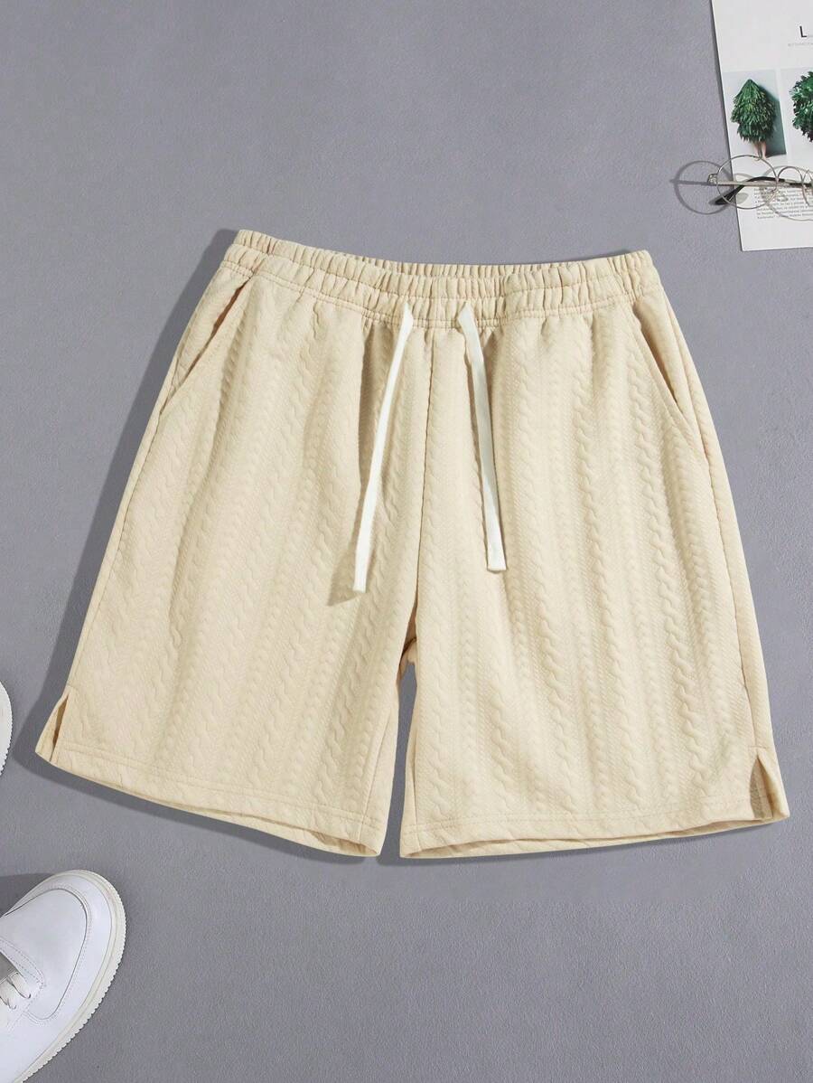 Men's Drawstring Waist Pocket Jacquard Casual Shorts - Apricot - View 1