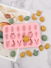 1个复活节硅胶巧克力模具，共有18个模腔，形状多样，包括彩蛋、兔子、兔头和篮子。适合DIY制作巧克力、糖果和果冻，方便实用。 - 粉色 - 查看 5