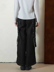 Women Cargo Jeans, Striped Zipper Button Closure Loose Casual Trousers Streetwear With Pockets - 綠色 - 查看 5