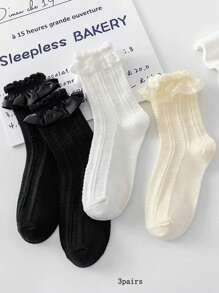 3 双洛丽塔蕾丝边中筒袜，可爱日式时尚风格，夏季，白色 - 彩色 - 查看 1