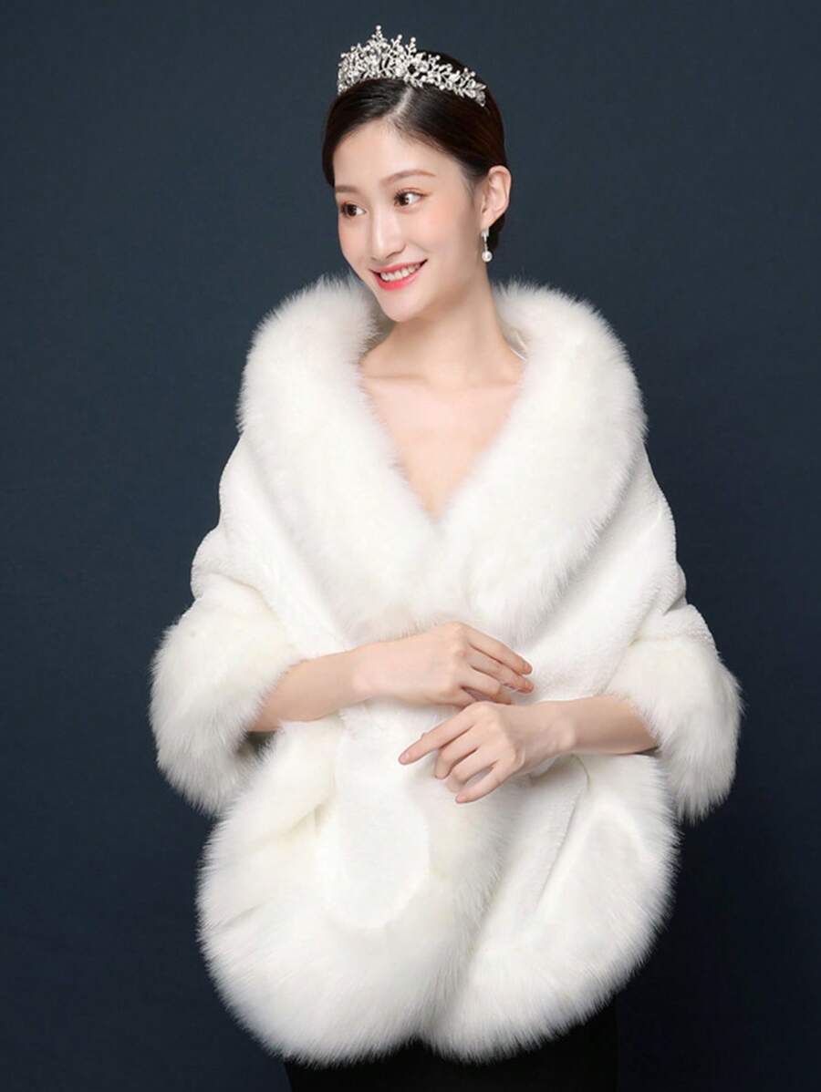 1 件女士时尚蓬松拼接肩披肩，高品质短款毛皮饰边，完美的婚礼和派对秋季外套，女士服装 - 白色 - 查看 1