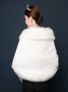 1 件女士时尚蓬松拼接肩披肩，高品质短款毛皮饰边，完美的婚礼和派对秋季外套，女士服装 - 白色 - 查看 2