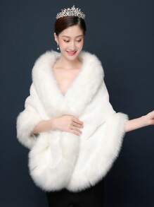 1 件女士时尚蓬松拼接肩披肩，高品质短款毛皮饰边，完美的婚礼和派对秋季外套，女士服装 - 白色 - 查看 5