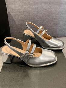 Giày cao gót Mary Jane màu bạc cho nữ có nhiều quai khóa, Giày cao gót hở mũi hở gót, Dép xỏ ngón đế xuồng đa năng màu đen - Bạc - Xem 2