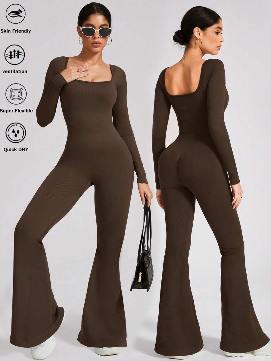 女式长袖无缝喇叭裤连体裤，高弹力罗纹腰提臀舞蹈服，适合户外运动 - 咖啡棕 - 查看 1