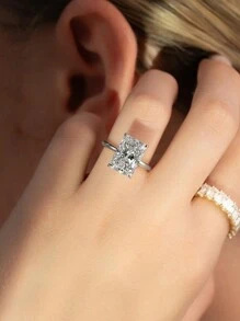 ESBERRY 1pc Elegant 925 Sterling Silver 4-Prong Unique Design Diamond Ring, Solitaire Engagement Ring, Women's Jewelry Gift, Engagement Gift, Party Gift - Silver - View 4