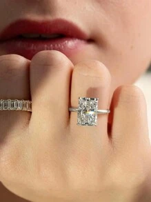 ESBERRY 1pc Elegant 925 Sterling Silver 4-Prong Unique Design Diamond Ring, Solitaire Engagement Ring, Women's Jewelry Gift, Engagement Gift, Party Gift - Silver - View 3