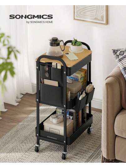 SONGMICS Carrello a 3 Ripiani, Carrellino con Piano d'Appoggio, 2 Contenitori Pensili Rimovibili, 6 Tasche Laterali, per Soggiorno Studio Cucina Bagno, Nero Inchiostro/Bianco Nuvola