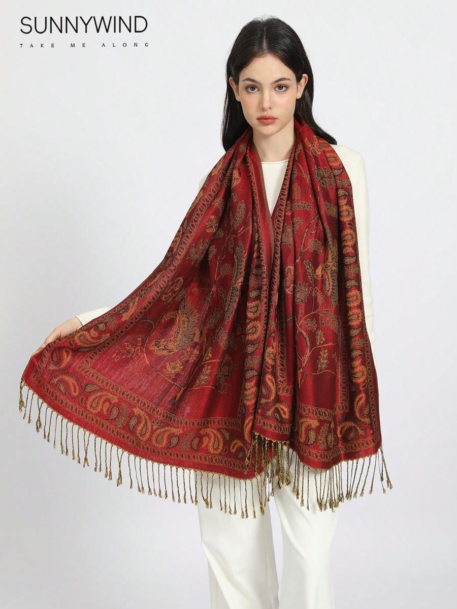 1pc Floral & Pássaro Paisley Jacquard Cachecol, Adequado para Todas as Estações - Vermelho - Ver 1