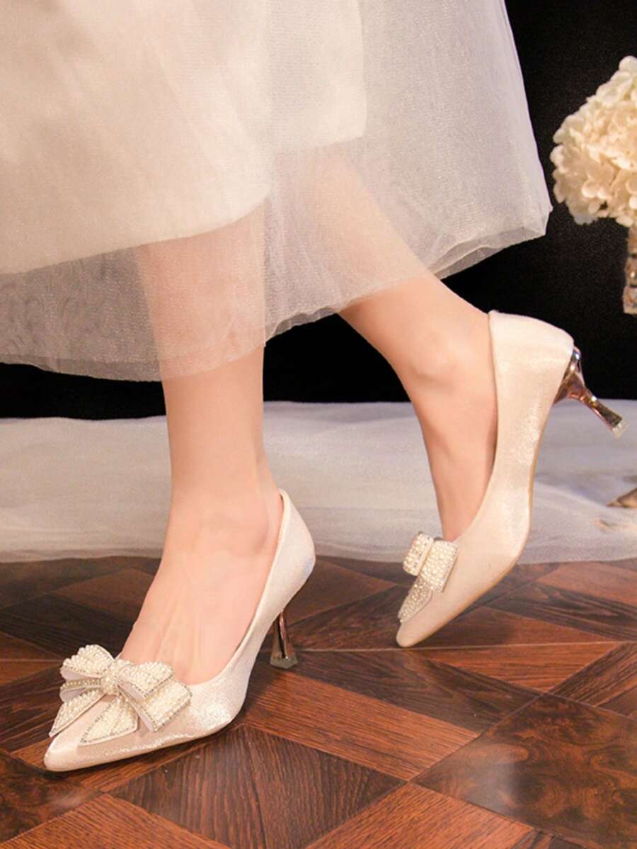 2024 New French Style Rhinestone Bow High Heel Shoes Women, Red Color