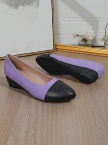 女士中跟正装高跟鞋，皮革鞋面粗跟圆头一脚蹬休闲鞋 - 紫色 - 查看 4