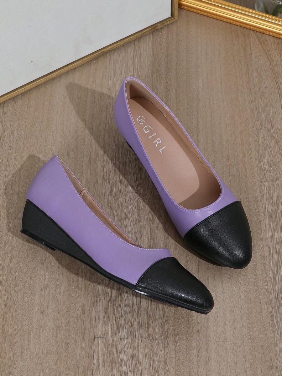 女士中跟正装高跟鞋，皮革鞋面粗跟圆头一脚蹬休闲鞋 - 紫色 - 查看 1