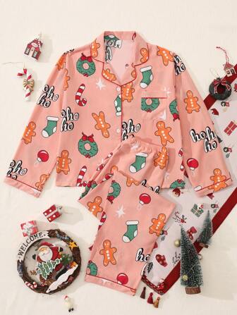 2Pcs Gingerbread Man&Candy Canes Graphic Christmas Elements Funny Print Long Sleeve Collar Blouse And Bow Long Christmas Pajamas Set For Women