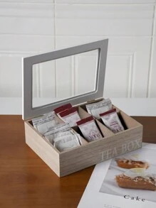 Une boîte à thé en bois avec des compartiments pour les sachets de thé et les paquets de café, avec un couvercle en verre transparent. Idéal pour la rentrée scolaire