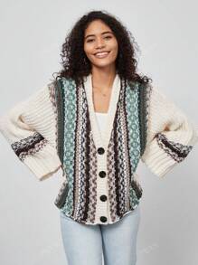 Women's Casual Loose Jacquard Print Turndown Collar Loose Jacket