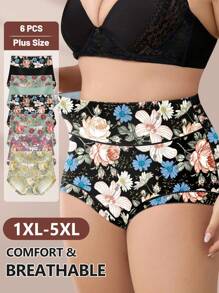 MIOTAN 6pcs/Pack Women Plus Size High Waist Soft Comfortable Triangle Panties, Printed & Color-Block Design, Everyday Underwear