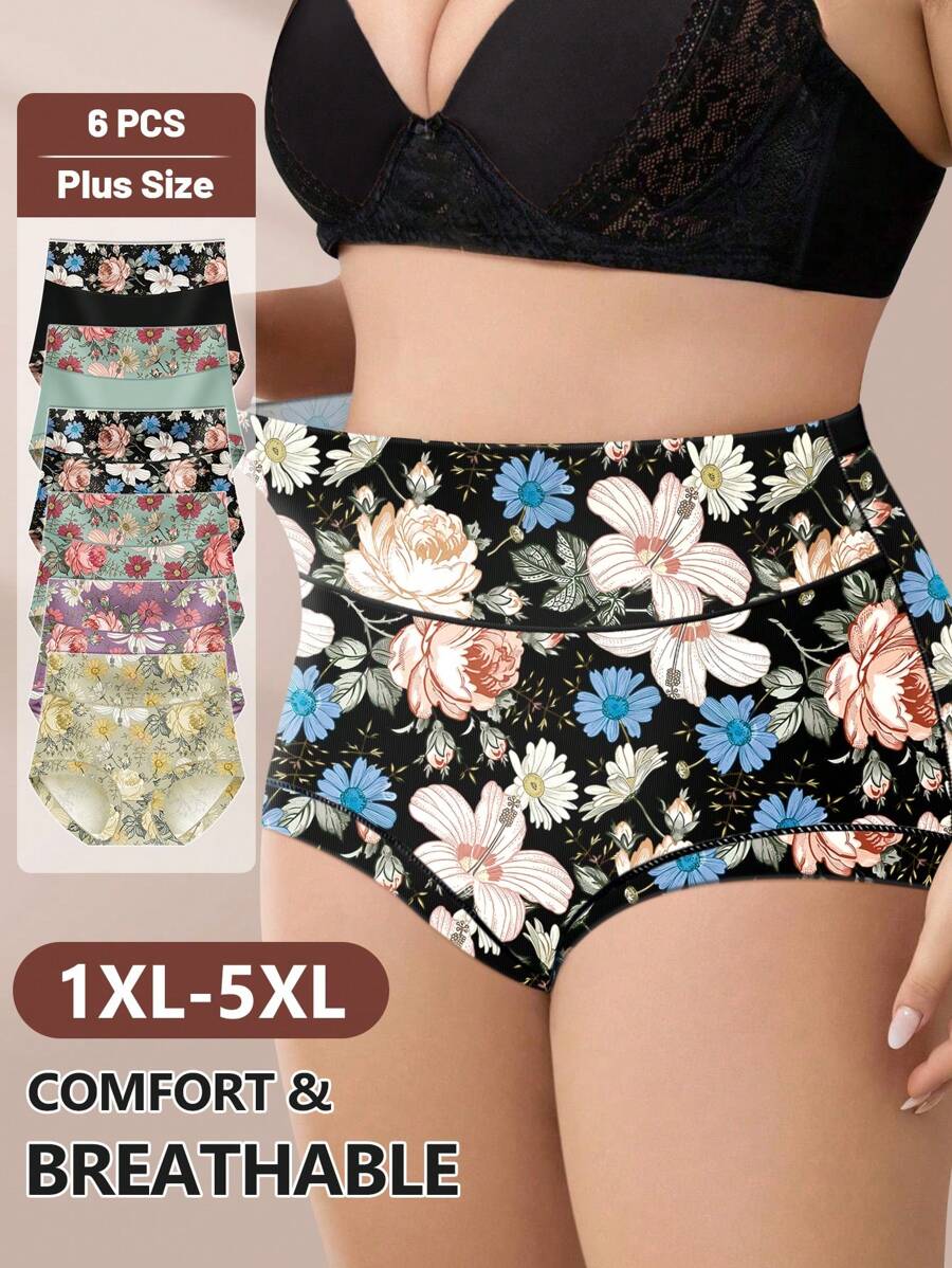 MIOTAN 6pcs/Pack Women Plus Size High Waist Soft Comfortable Triangle Panties, Printed & Color-Block Design, Everyday Underwear