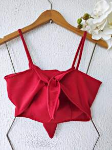 Tailored Cropped Top With Flower On The Front With Padding And Straps That Tie At The Back - Đỏ - Xem 2