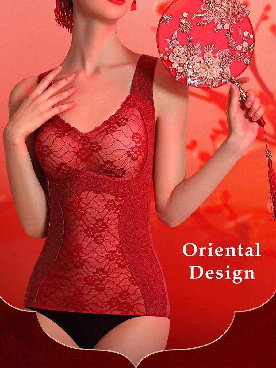 女士保暖隔热吊带背心，内置罩杯垫，塑身加热底层，适合秋冬季 - 紅色 - 查看 1