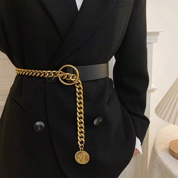 1pc Cinto com pingente de corrente de metal, cinto de couro PU com corrente grossa da moda, adequado para vestidos, ternos e jaquetas, ocasiões diárias e formais, acessório para o dia das mães, decoração de cintura elegante e minimalista, presente para a mãe