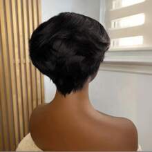 13x4x1 T型蕾丝前置卷曲非洲婴儿发假发，真人发质，自然黑色，无胶侧分刘海假发，波浪卷曲婴儿发，无胶假发，适合情人节及日常佩戴，短款层次感真人发假发，女士 - 黑色 - 查看 6