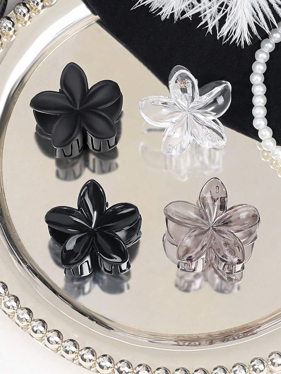 4 pièces/set Pinces à cheveux transparentes de haute qualité avec fleurs de marguerites noires et blanches, style doux de vacances à la plage, clips à cheveux d'automne/hiver, accessoires de cheveux pour femmes pour les tenues d'été - Multicolore - Voir 1