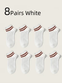 8 Pairs Women's Mid-Calf Simple Double Stripe Sport Socks, Korean Style, Odor-Resistant, Comfortable, Breathable, Non-Slip, Suitable For Walking, Summer
